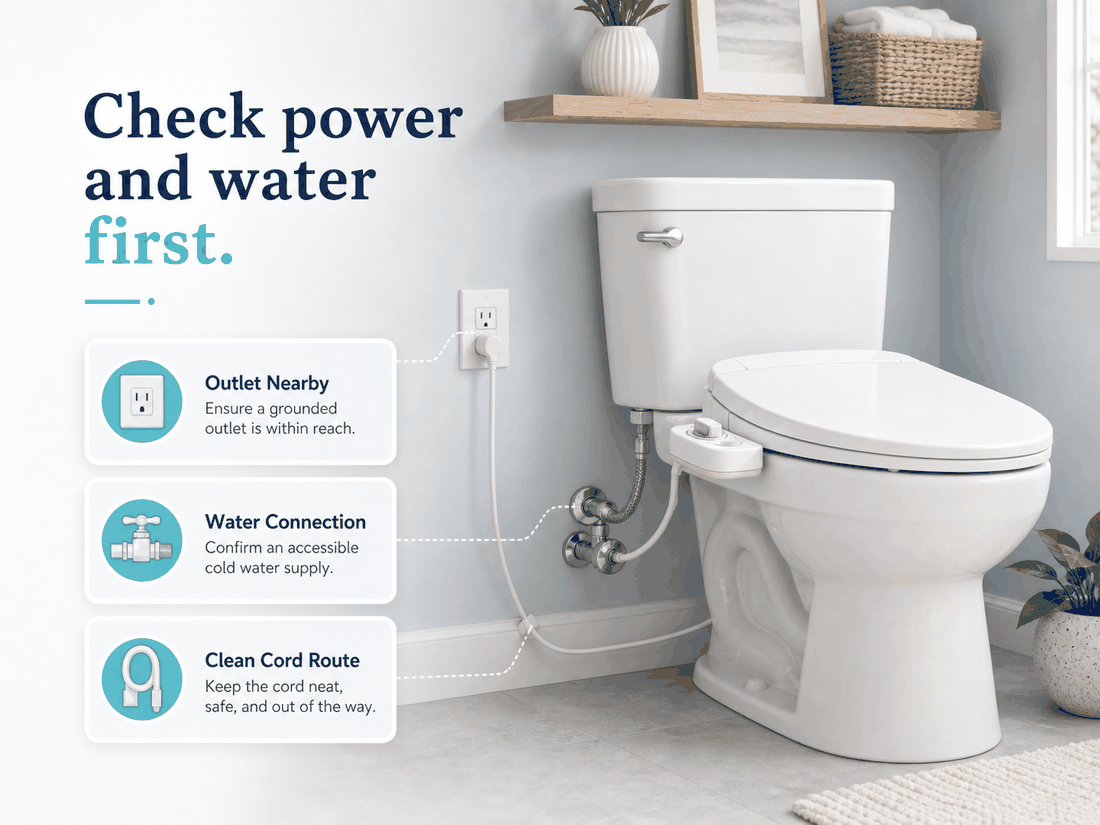 Illustration showing a toilet with nearby outlet, water connection, and clean cord route for an electric bidet