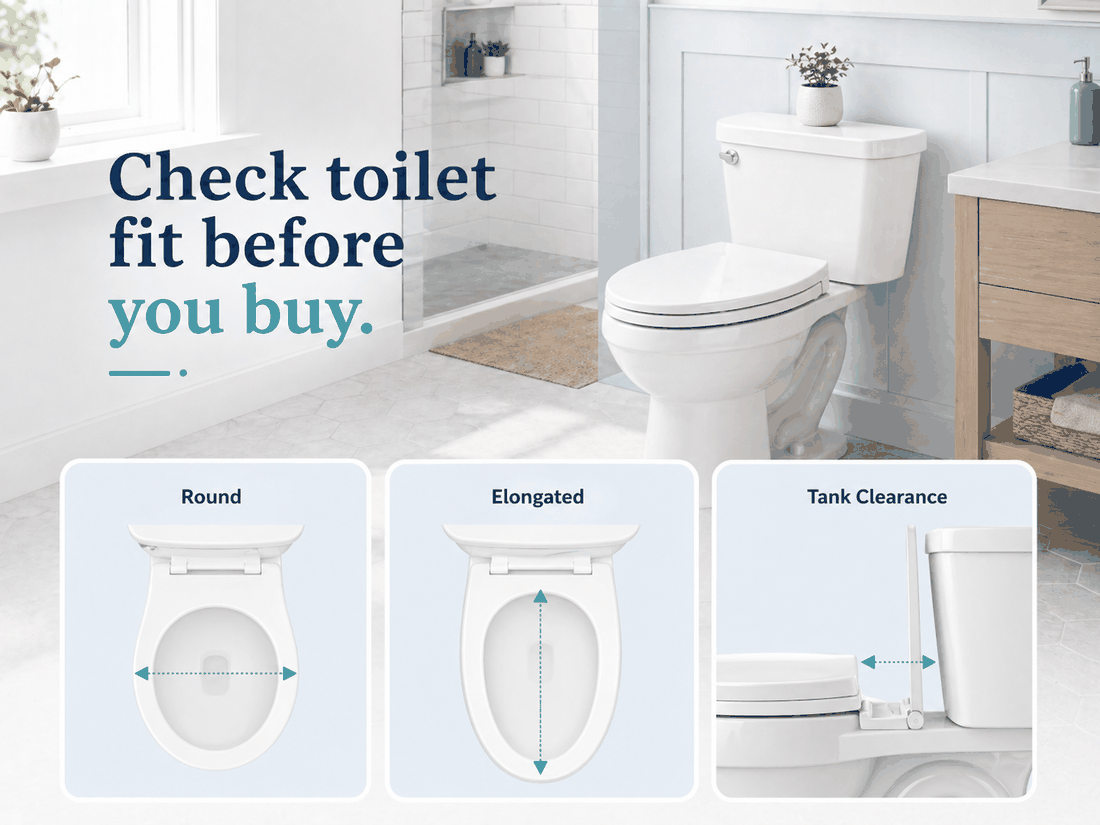 Illustration showing round toilet shape, elongated toilet shape, and tank clearance checks before buying a bidet