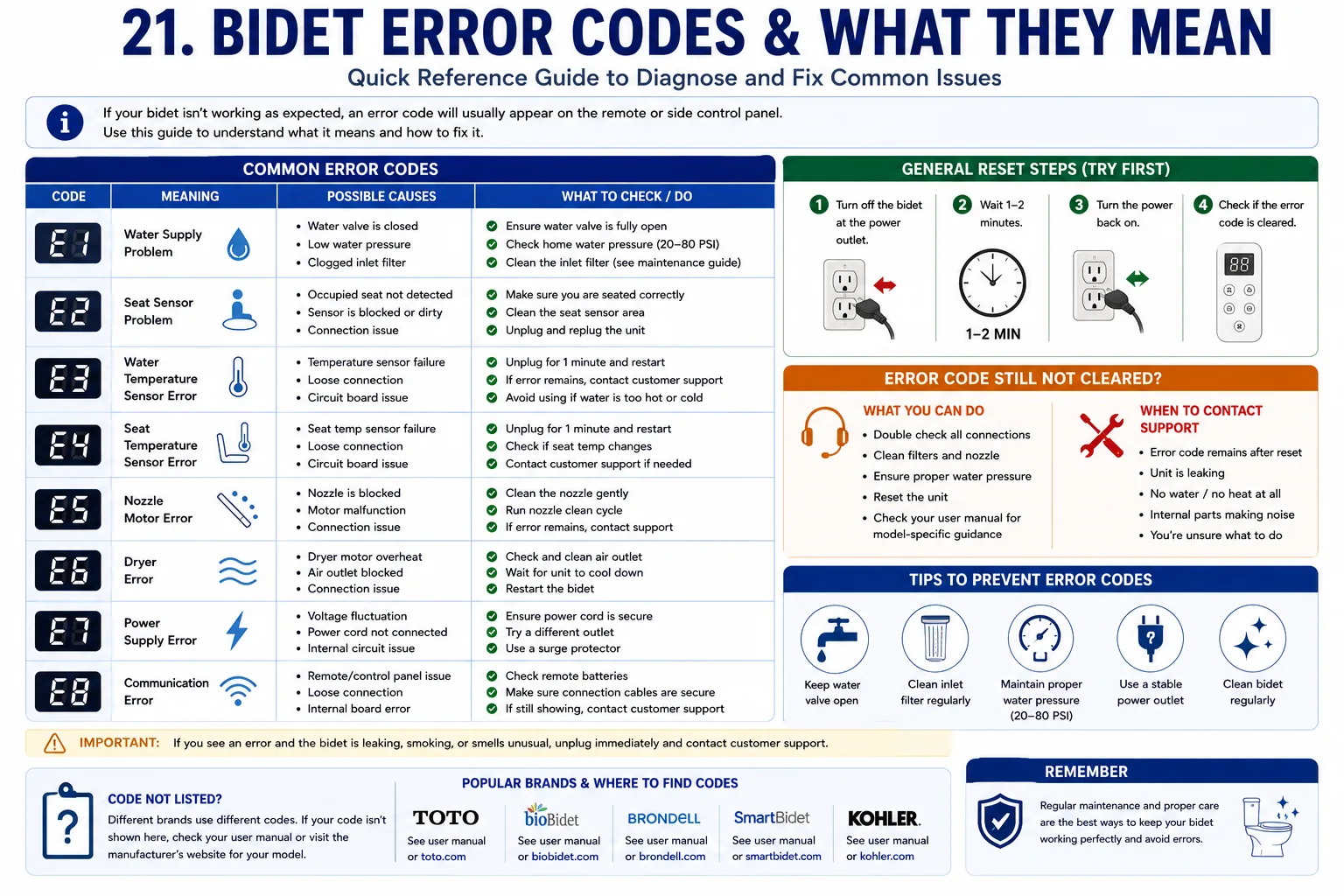 Quick reference guide to common bidet error codes, general reset steps, prevention tips, and when to contact support.